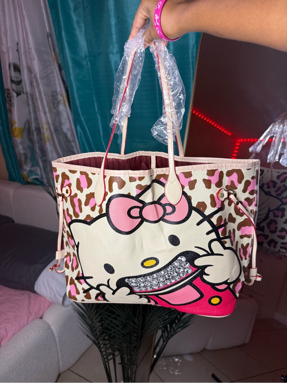 Pink Leopard Hello Cat Tote Bag with Crystal Accent